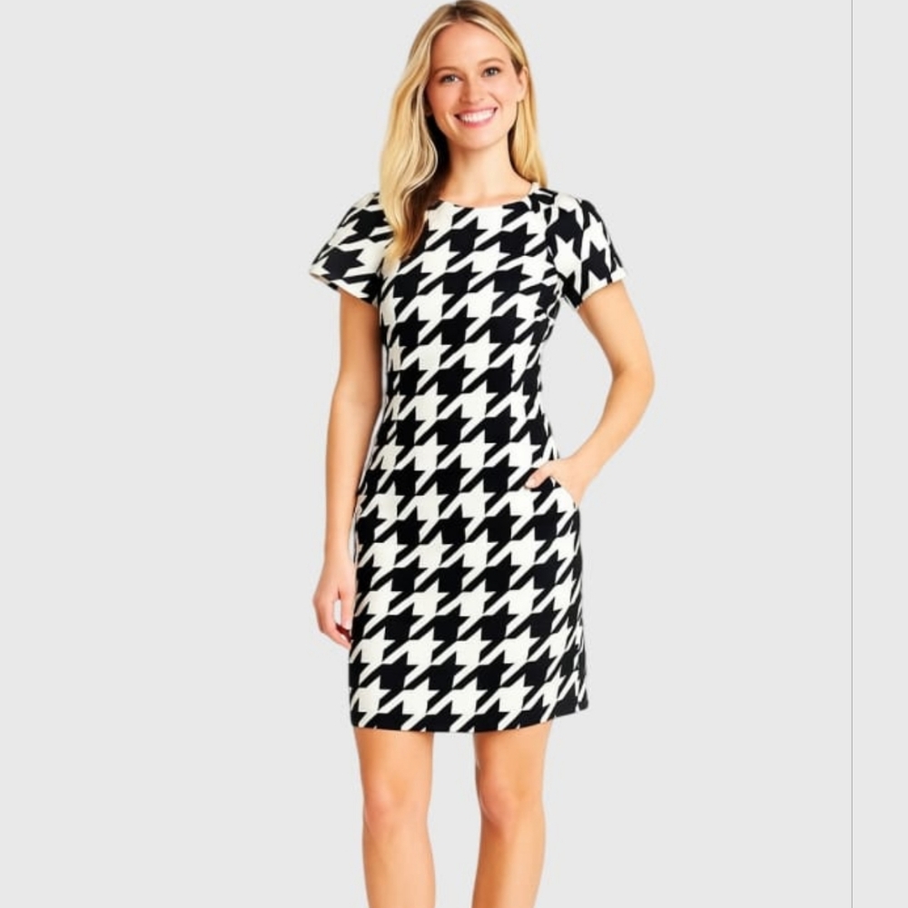 Coast Black & White Retro Mod Houndstooth Dress Short Sleeves Pockets Size 8